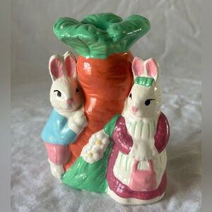 Vintage 1995 Loomco Easter Bunny Couple Carrot Candle Stick Holder